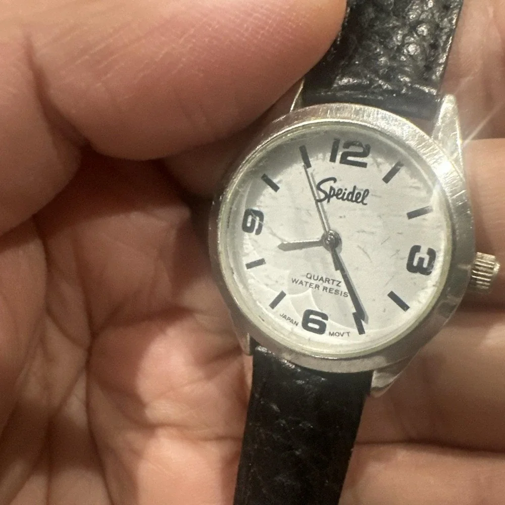 Working Vintage Speidel Ladies Watch Black Leather Quartz 28mm Fit‎ 7in New Batt